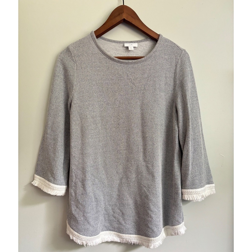 J Jill Grey Marl Knit Pullover Top 3/4 Sleeve White Fringe Trim S